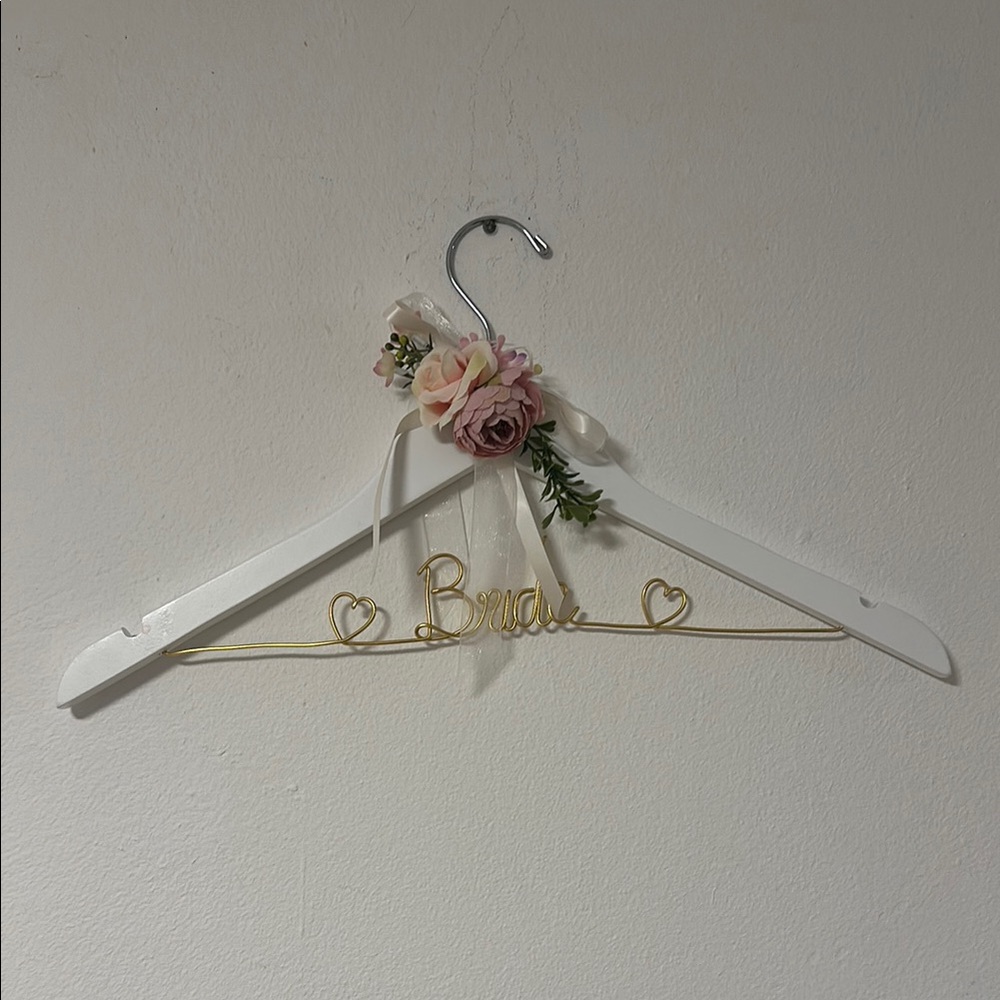 White and Gold Bride Hanger with Floral Accent